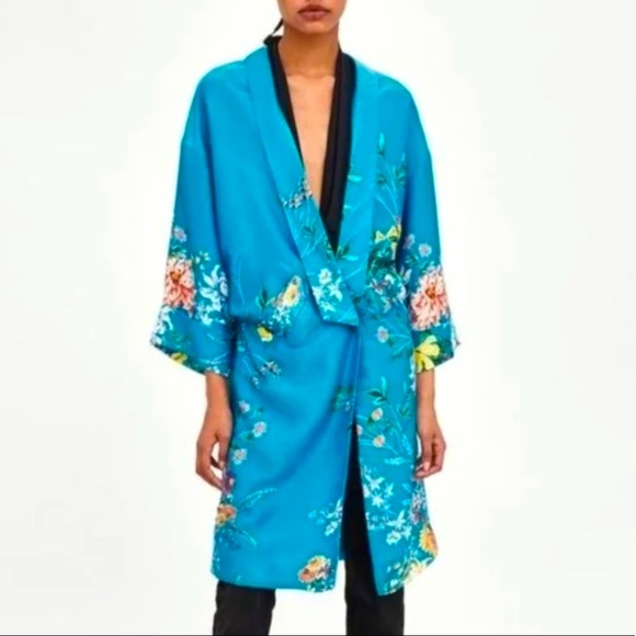 Zara Tops Zara Trf Blue Floral Satin Open Front Kimono Robe Poshmark